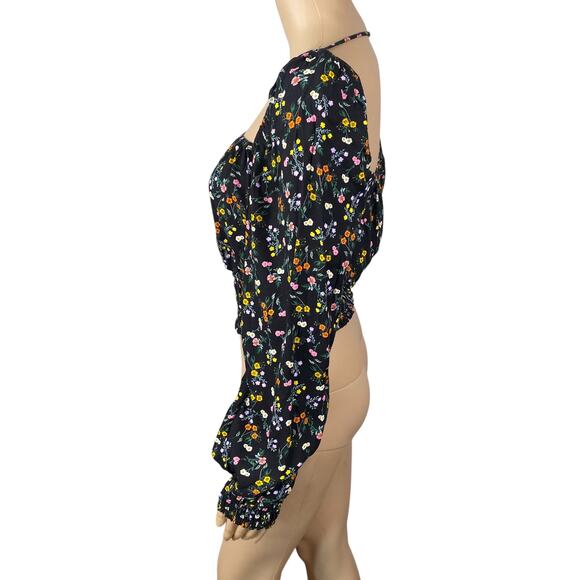 Revolve AFRM Soph Black Ditsy Floral Smocked Peasant Crop Top SZ S - Picture 7 of 14